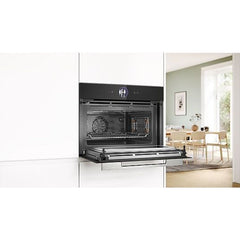 Forno compacto Bosch CMG7761B1, Integrável, 45 L, Ar quente 4D, Pirolítico e limpeza por água, Home Connect, Preto